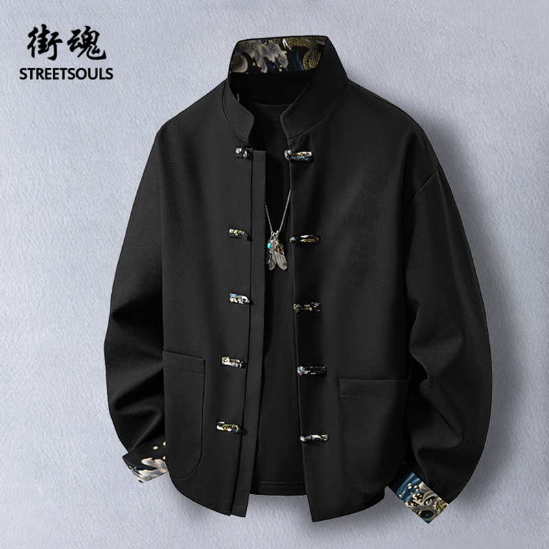 Chinese Style Tang Suit Jacket for Men, Autumn and Winter, Padded, Chinese Style, Trendy Shirt-Style, Stand Collar, Loose, Retro Coat Top