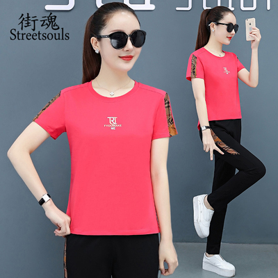 休闲运动套装女2021夏季韩版新款女士纯棉运动服大码宽松两件套潮