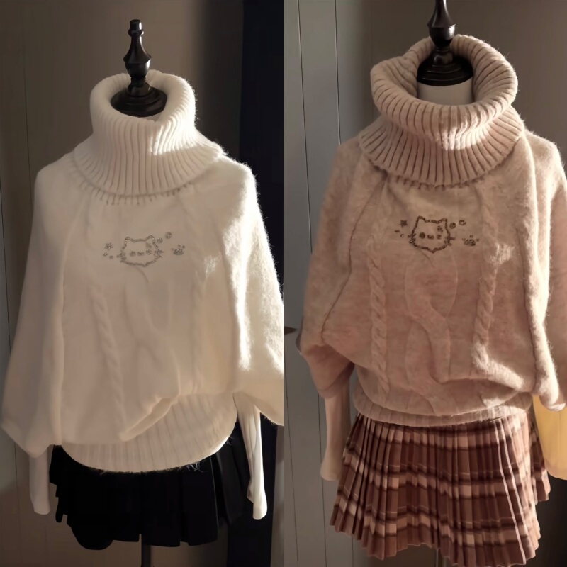Autumn and Winter Cute Kitten Cape Loose High-Neck Design Knit Pullover Sweater Multi-Color Top