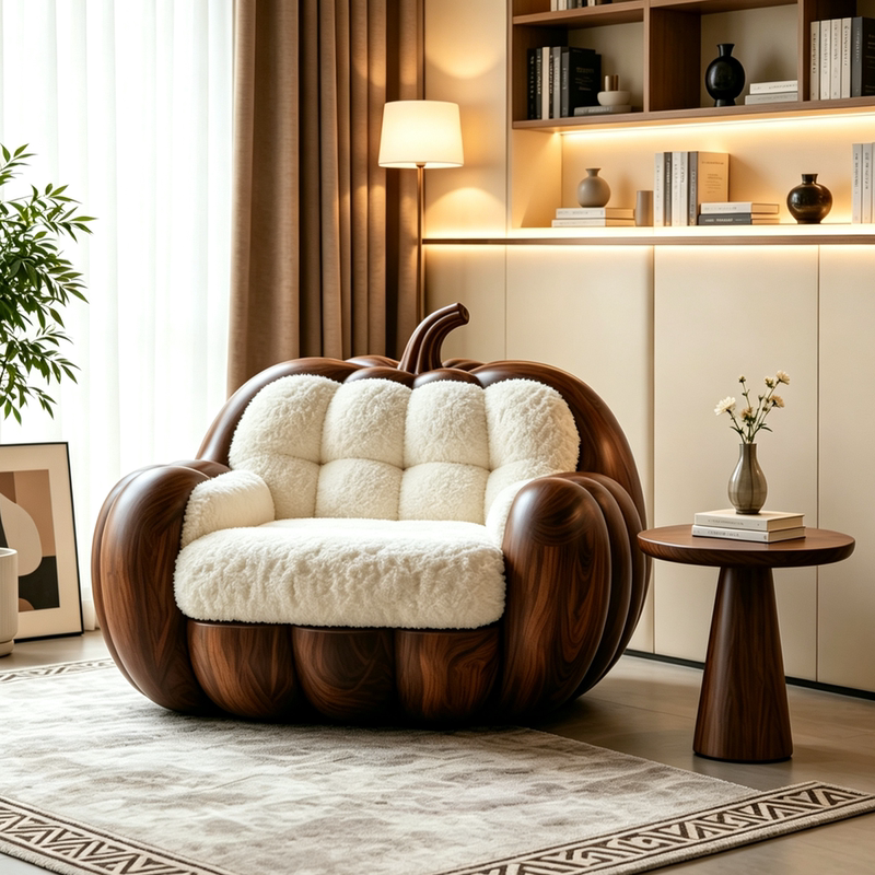 New Chinese-Style Walnut Pumpkin Sofa, Solid Wood Creative Leisure Chair, Trendy Light Luxury Living Room Single Lazy Sofa