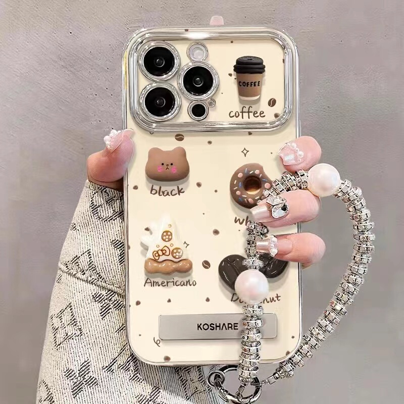 Coffee Bear Is Suitable for Apple 16 Pro Max Phone Case, New 15 Model, 14 Pro Electroplated Cute 13 Large Window 12 Cartoon Anti-Drop 11 Xr Three-Dimensional