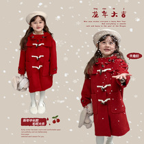 2024 winter new style medium and small girls Korean style thickened horn buckle New Year woolen coat childrens warm jacket