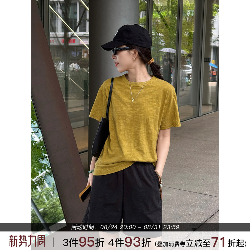 Beibei [Mustard Yellow] Yellow Pure Cotton Short-Sleeved T-Shirt for Women 2026 New Summer Round Neck Slimming Loose Top
