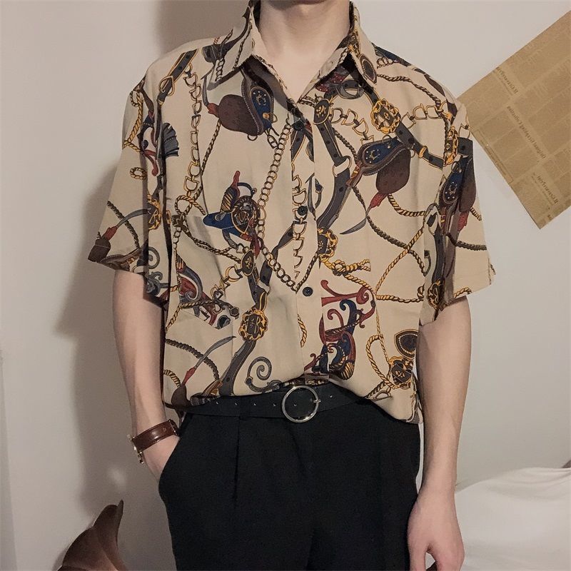 Summer Hong Kong Style Retro Short-Sleeved Shirt for Men, Loose Chain Print Half-Sleeve Shirt, Japanese Versatile Casual Top