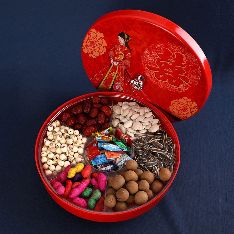 Festive dried fruit box red creative household wedding food box compartment with cover large wedding New Year melon seeds candy plate