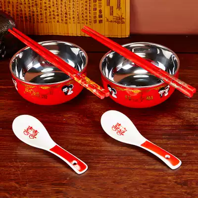 Wedding stainless steel bowl a pair of bamboo chopsticks spoon set children's Sun Bowl wedding festive newcomer to bowl red bowl chopsticks