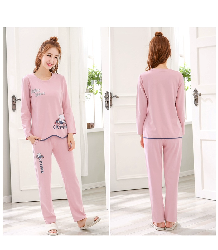 Bộ đồ ngủ nữ dài tay hai mảnh phù hợp với phụ nữ cotton mùa thu Bộ đồ ngủ mùa xuân và mùa thu Dịch vụ gia đình nữ phiên bản Hàn Quốc có thể mặc đồ bộ pijama