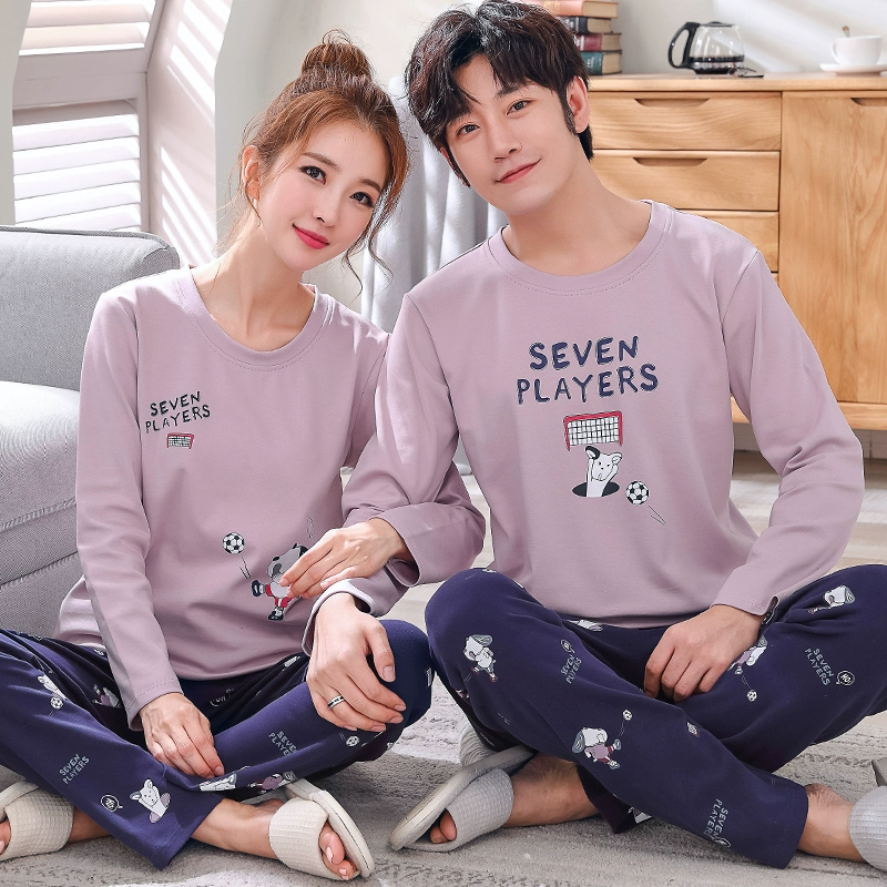 Bộ đồ ngủ đôi dài tay phù hợp với cotton nữ mùa thu đồ ngủ mùa xuân và mùa thu nam dịch vụ tại nhà phiên bản Hàn Quốc có thể được mặc đồ bộ kiểu