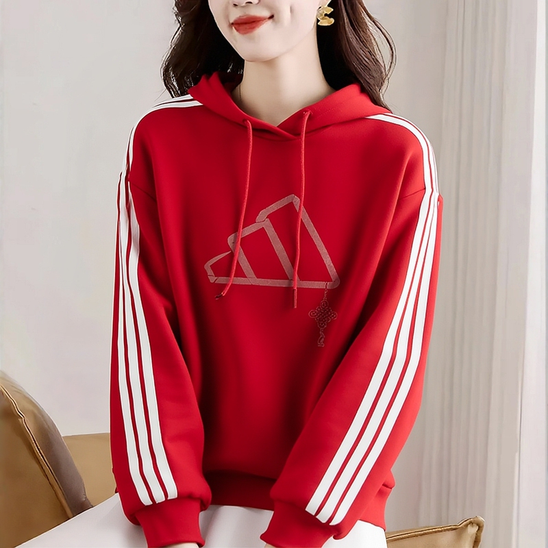 Adidas Sweatshirt for Women, New Winter Knitted Sportswear, Loose Hooded Red New Year Pullover Jz1636 Adidas Sweatshirt for Women, New Winter Knitted Sportswear, Loose Hooded Red New Year Pullover Jz1636
