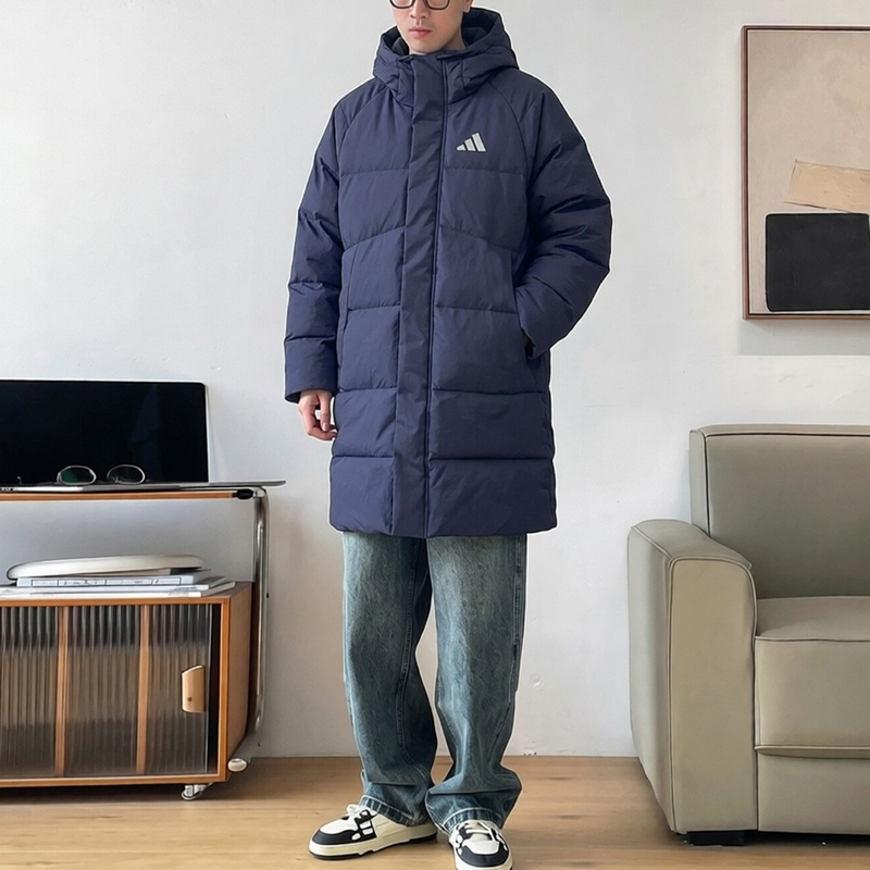 Adidas Blue down Jacket Men's Winter Loose American Retro Lettered Men's Water-Repellent Mid-Length Coat