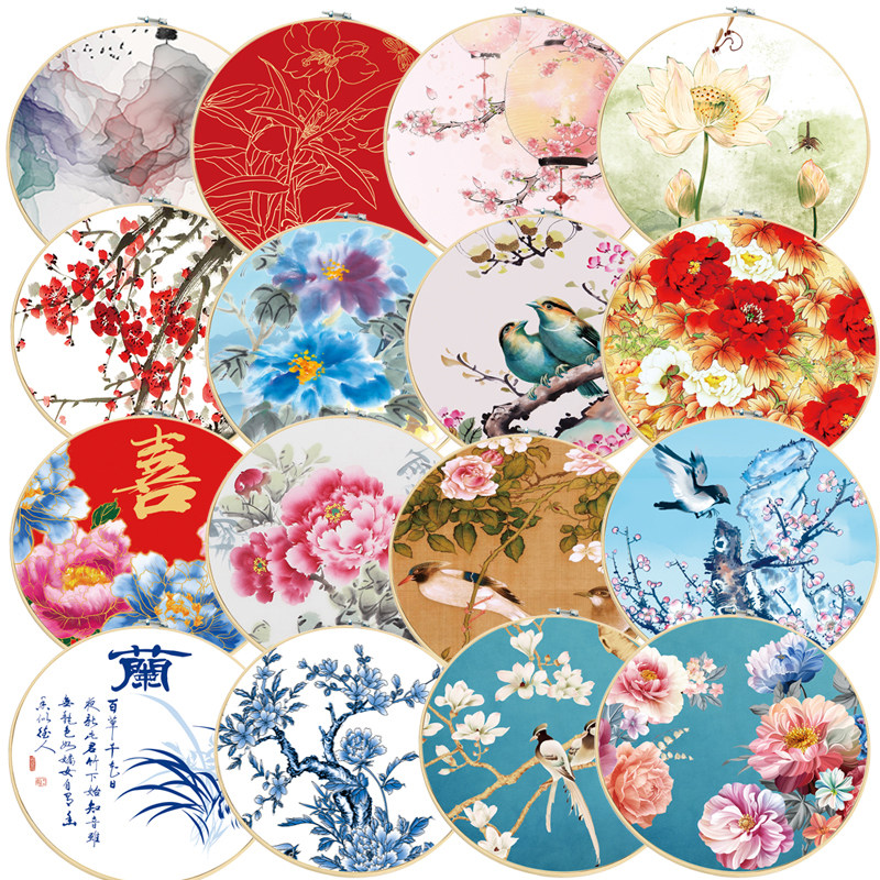 Chinese wedding props Peony plum ink ceiling canvas embroidered circle wedding room decoration