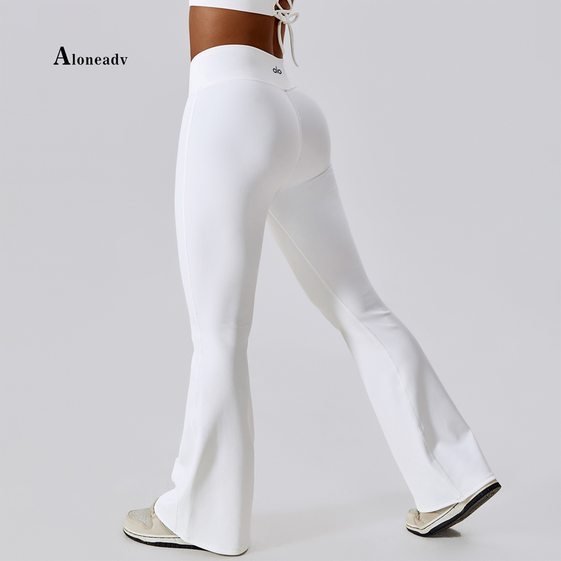 Aloneadv European and American Fitness Yoga Bell-Bottom Pants for Women, Dance Sports Wide-Leg Pants with Cross Waist, Hip-Lifting, Slightly Flared Long Pants