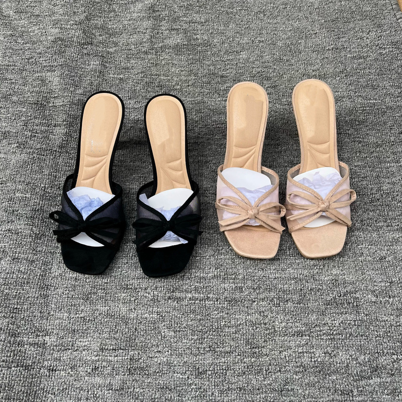 Foreign Trade Quality Style Mesh Sandals for Women, French-Style Stiletto Heels, Versatile Open-Toe Bow-Knot Slip-On High Heels