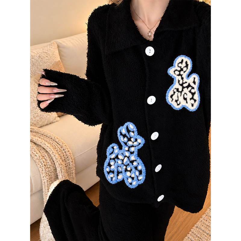 Half-Velvet Pajamas for Women, Autumn and Winter, Fleece-Lined, Thickened, Warm, Cartoon Embroidered Puppy, Long-Sleeved Loungewear Set