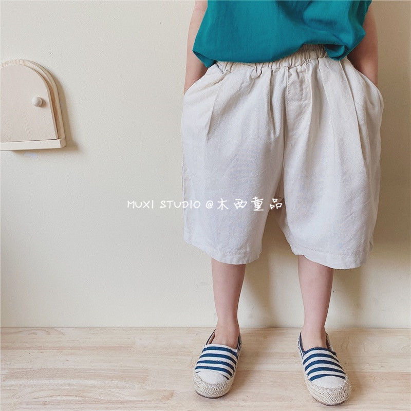 Wood West Child Products 2022 Summer Korean version for men and women Children's cotton linen pants Chaub baby individuality 100 Loose Casual Mid Pants