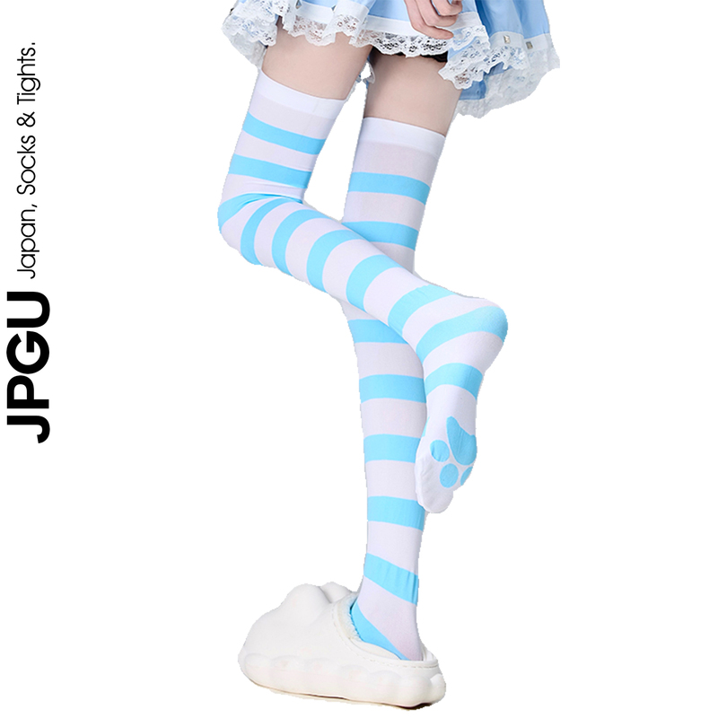 Jpgu Velvet Blue and White Striped Cat Paw Over-The-Knee Subculture Print Anime Cosplay White Silk Thigh-High Socks