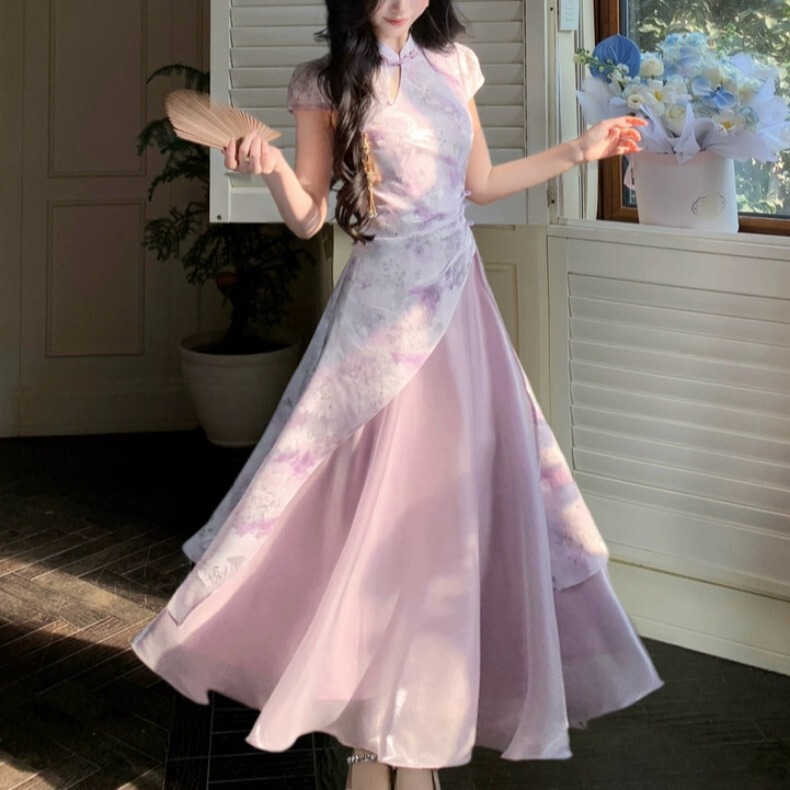 Summer New Style, Modernized Chinese Style, National Style with Hidden Pattern Print, Cheongsam Long Dress, Plus Size, Slimming Waist Dress for Plus-Size Women