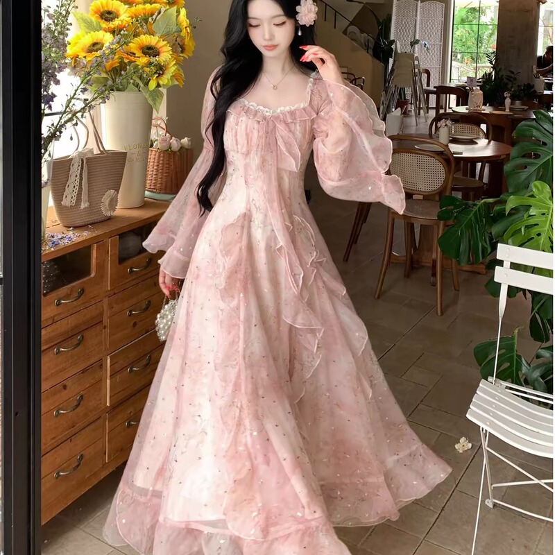 Plus-Size 2026 Autumn New Style Elegant Gentle Printed Bell-Sleeve Ruffle Dress for Curvy Women, Slimming Long Dress