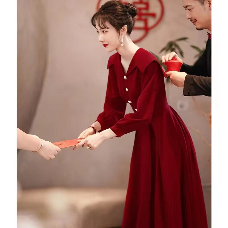 Plus-Size Autumn and Winter New Chinese-Style Red Engagement Dress, High-End and Elegant, Waist-Cinching Dress for Chubby Women Plus-Size Autumn and Winter New Chinese-Style Red Engagement Dress, High-End and Elegant, Waist-Cinching Dress for Chubby Women