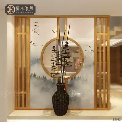 New Chinese style solid wood entry screen partition living room entrance simple modern mobile partition wall seat screen hotel lobby