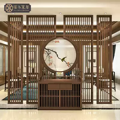 New Chinese screen partition living room solid wood porch hollow decorative Chinese embroidery double-sided pattern screen partition wall