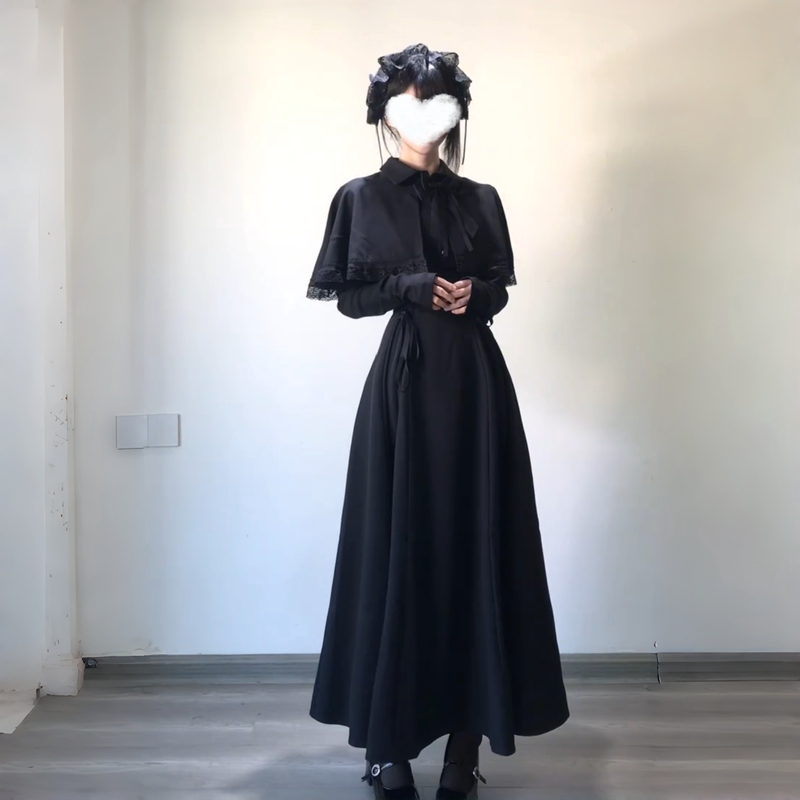 French-Style Black Long-Sleeved Dress, Dark Gothic Style, Lace-Up Waist, Cape-Style Long Dress, Slimming Lace Dress for Women