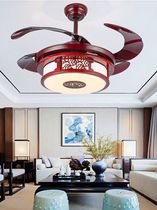  Silent ceiling fan invisible light Living room bedroom solid wood antique new Chinese chandelier remote control household LED fan light