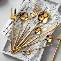 Kumagaya group European stainless steel Western knife fork spoon steak dessert spoon fork chopsticks gold tableware household set