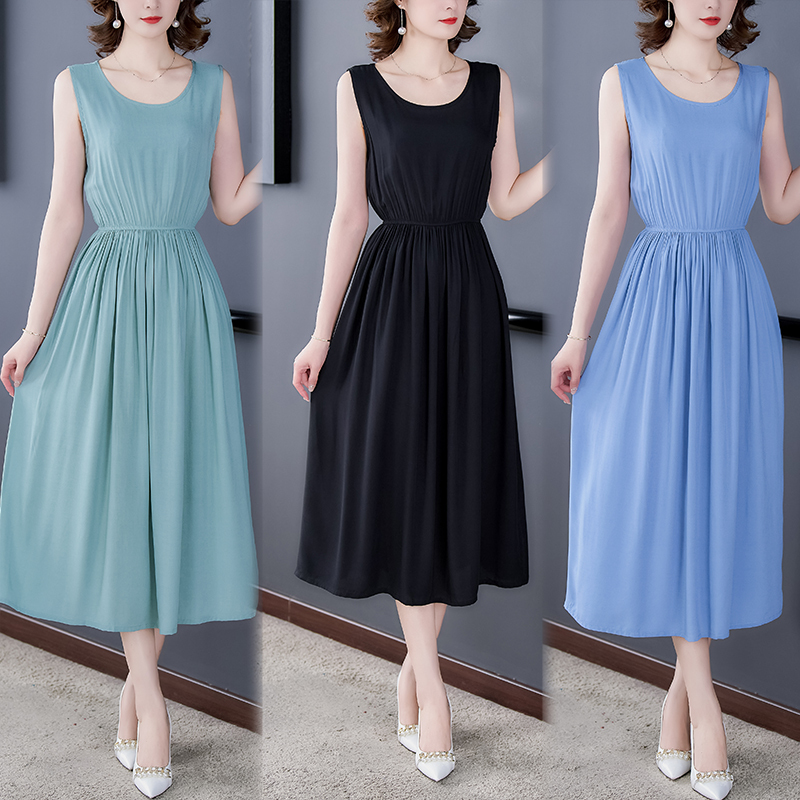 Sleeveless Cotton Silk Dress New Style 2026 Summer Waist-Cinching Slimming Elastic Band Mid-Length Solid Color Tank Top Long Dress Sleeveless Cotton Silk Dress New Style 2026 Summer Waist-Cinching Slimming Elastic Band Mid-Length Solid Color Tank Top Long Dress