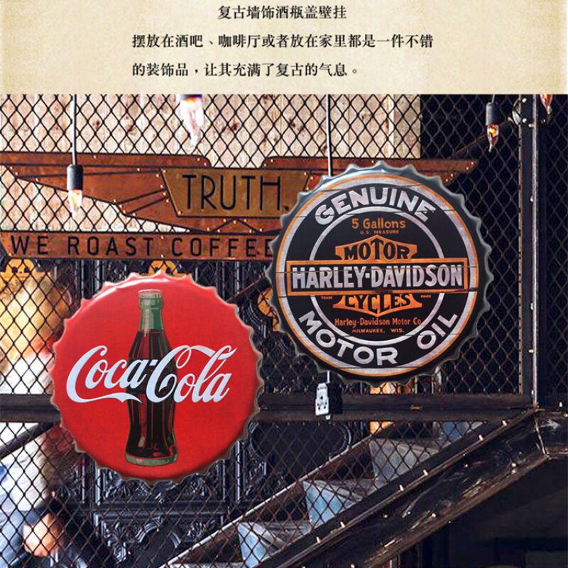 Retro Industrial Wind Big Beer Wine Bottle Lid Wall-mounted about Atmospheric Line Internet Café Wall Accessories Bar Home Background Hanging