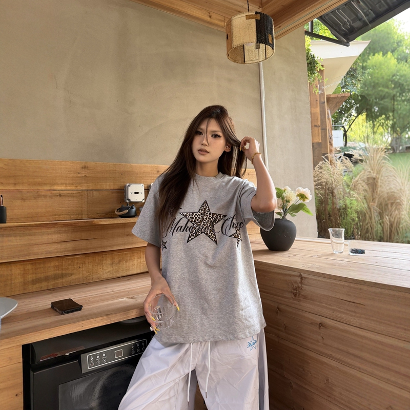 Dhss American Retro Star Leopard Print Embroidered Round Neck Short-Sleeved Men's and Women's Loose Summer Versatile Casual Couple T-Shirt