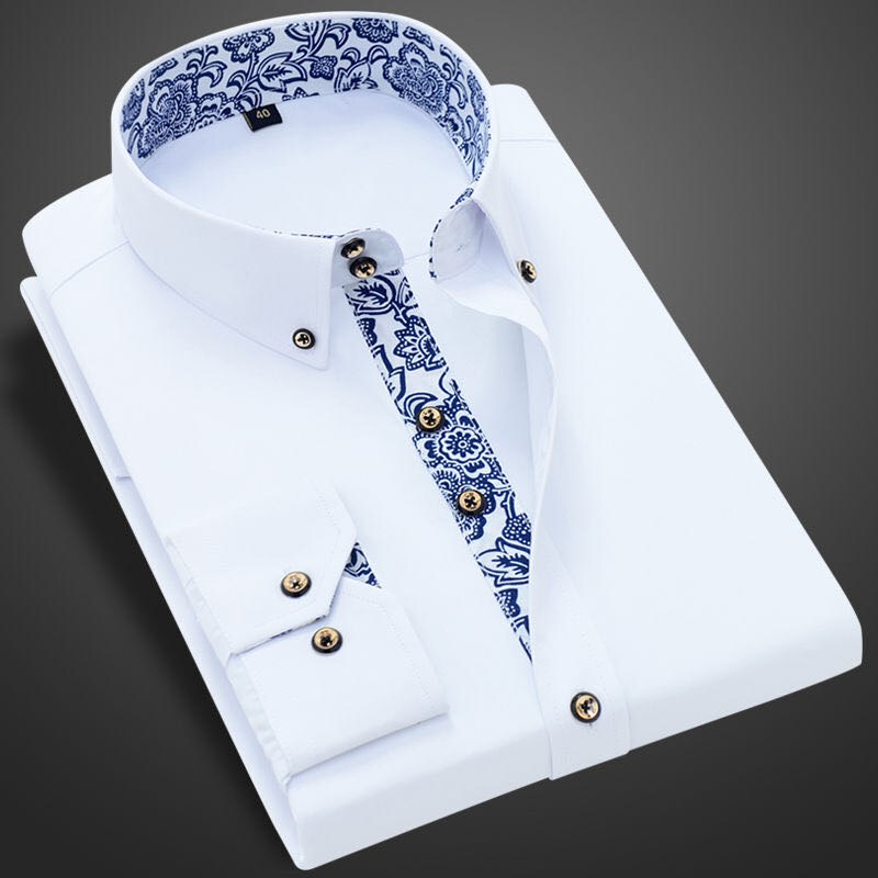 Mercerized Cotton Blue and White Porcelain Collar Men's Long and Short Sleeve Shirts Business Casual Wrinkle-Free Slim Fit Korean Style Premium White Shirts Formal Wear