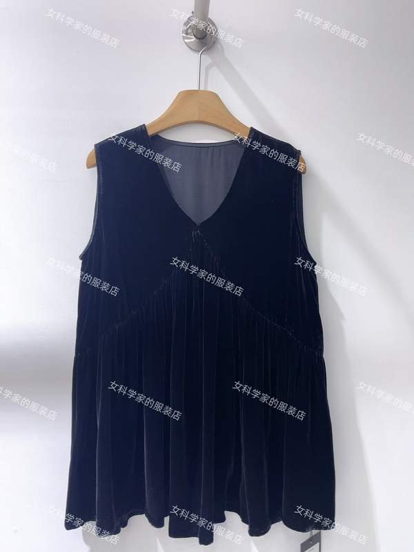 2026 Summer New Simple V-Neck Patchwork Hem Silk Velvet Sleeveless Shirt Women's Top Babydoll Blouse