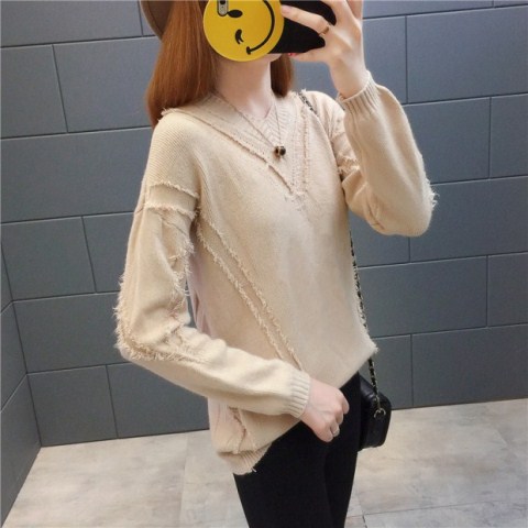 Áo len cổ lọ ngắn cổ chữ V nữ 2018 đầu xuân phiên bản Hàn Quốc áo len lười gió áo len dài tay học sinh áo len cổ cao