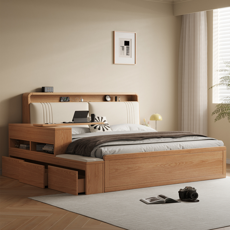 All-Solid Wood Bed in White Ash Wood, 1.8m Double Beds, Modern Minimalist Master Bedroom, Multifunctional High-Box Storage Bed