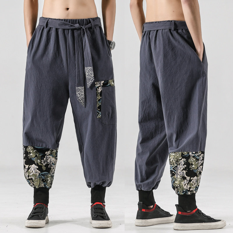 Chinese Style Linen Cotton Casual Pants with Embroidery, Workwear Lantern Pants for Men, National Trend Hip-Hop Retro Tang Suit Style