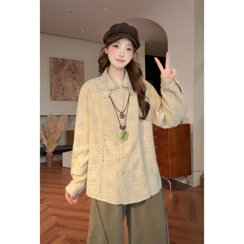 Vgvl Round-Neck Top, Autumn Vintage Design, Stylish Lace, Gentle and Versatile, Elegant Shirt 22179