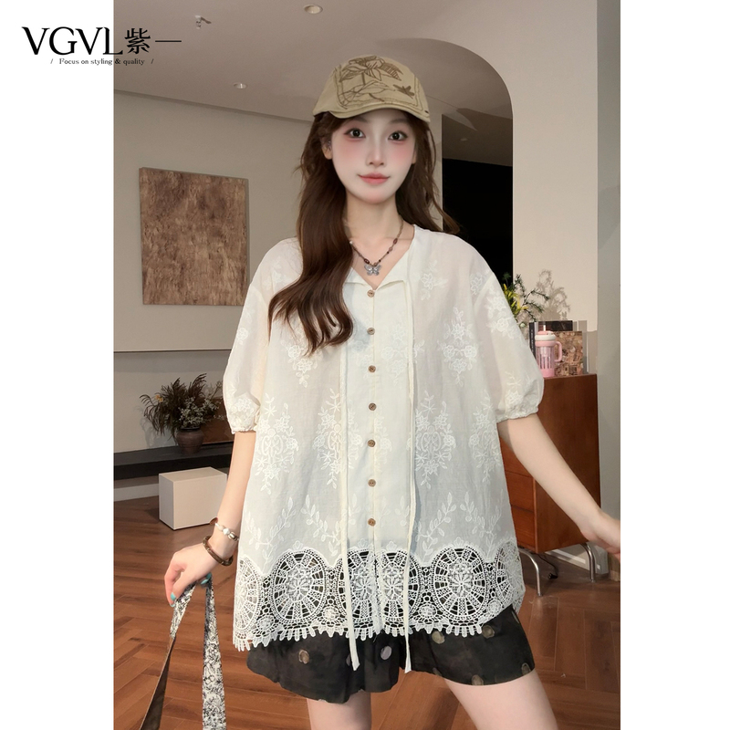Vgvl Round-Neck Top Summer Design Lace Shirt Elegant French Hollow-Out Stylish Shirt 21872 Vgvl Round-Neck Top Summer Design Lace Shirt Elegant French Hollow-Out Stylish Shirt 21872