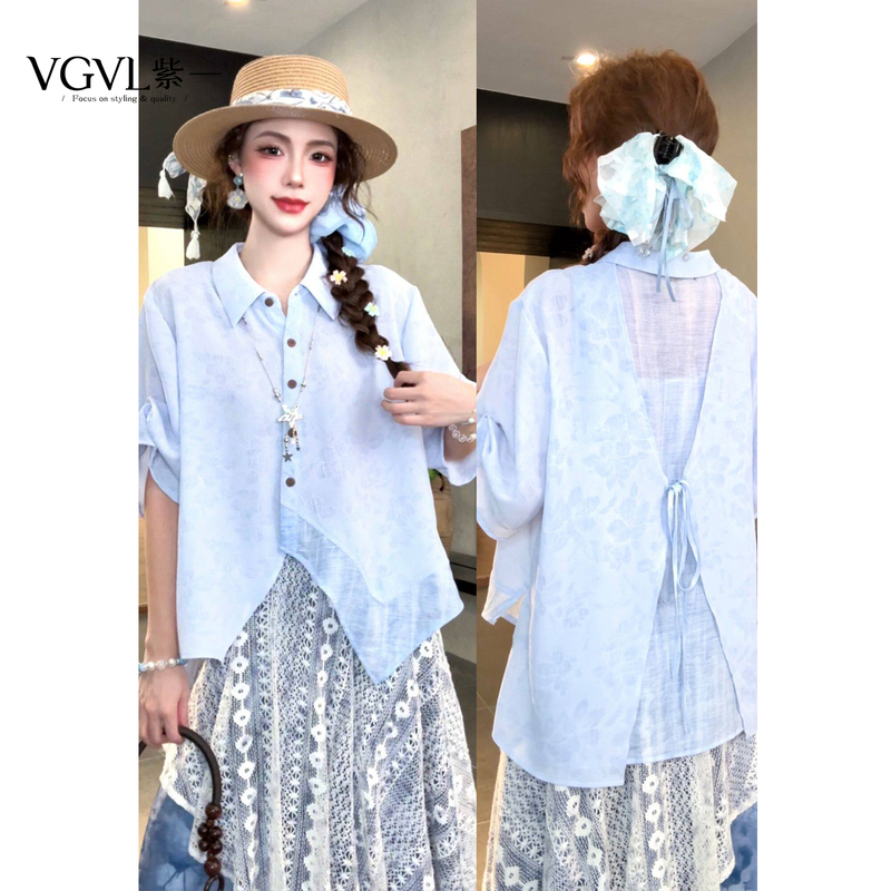 Vgvl Minmin Shirt [Lan Ying] Summer Design Retro Irregular Patchwork Short-Sleeve Shirt for Women 21796