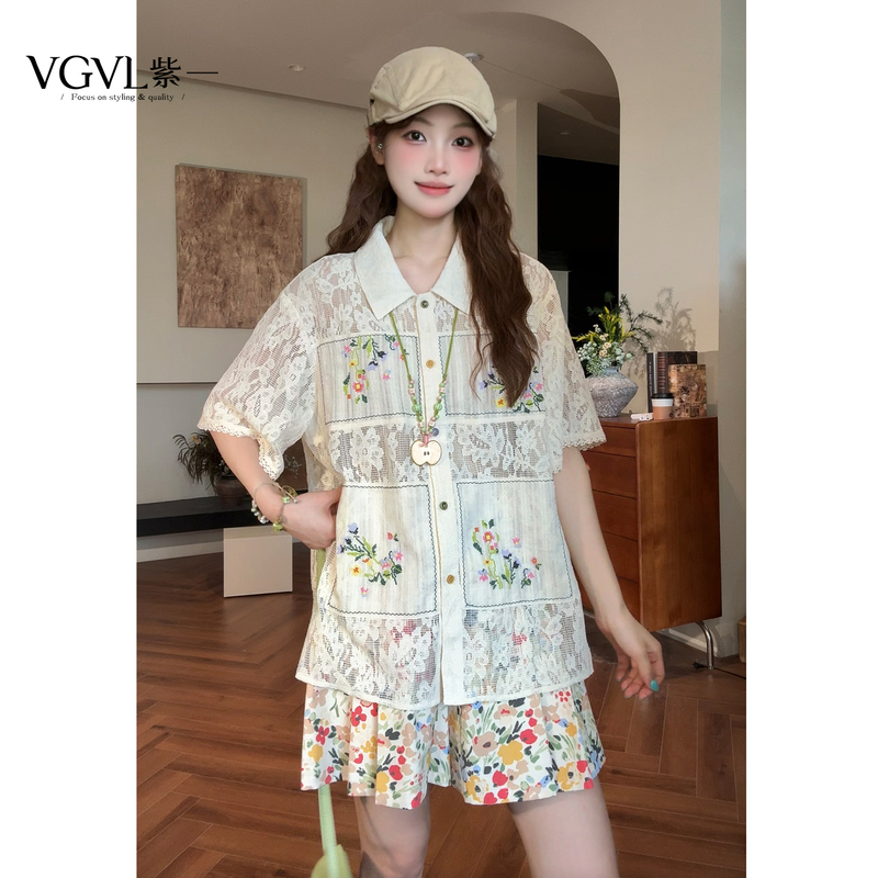 Vgvl Round-Neck Top Summer Artistic Design Lace Fashion Retro Embroidered Versatile Shirt 21697