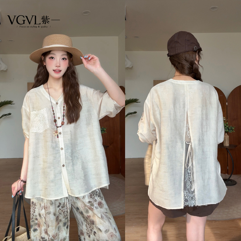 Vgvl Round-Neck Top, Summer Design, Vintage Style, Lace, Loose and Versatile Shirt 21630