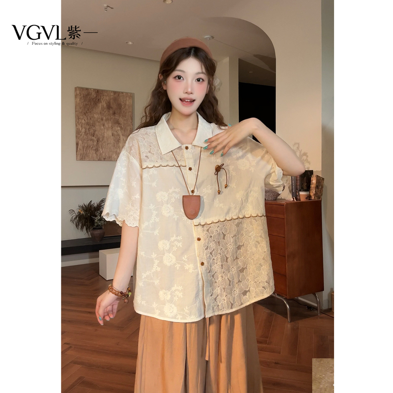 Vgvl Round-Neck Top Summer Design Retro Artistic Lace Splicing Jacquard Versatile Shirt for Women 21725 Vgvl Round-Neck Top Summer Design Retro Artistic Lace Splicing Jacquard Versatile Shirt for Women 21725