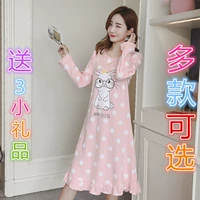 Phiên bản Hàn Quốc của những chiếc váy ngủ nữ mùa thu đông cotton dài tay cỡ lớn rộng rãi ngọt ngào dễ thương cotton nhà quần áo bà bầu đồ ngủ đồ ngủ xuyên thấu