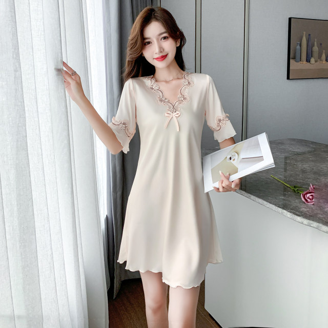 Ice Silk Pajamas Women's Summer 2024 New Nightgown Thin Loose Large Size Sexy Temperament Short Sleeve Silk Home Clothing