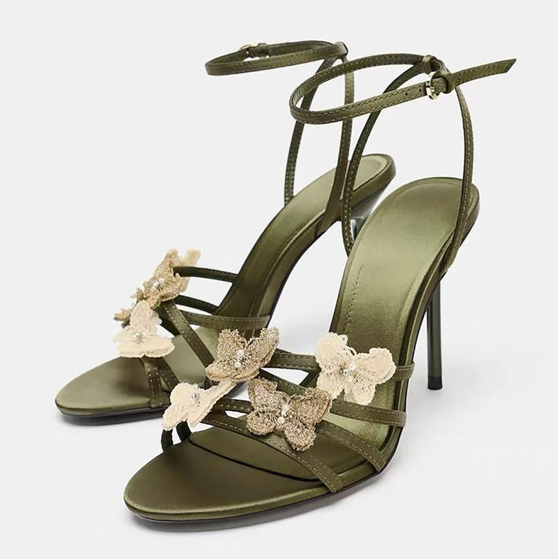 Za2026 Summer New Green High-Heeled Shoes for Women, Stiletto Open-Toe Pointed Toe with Floral Embellishments, Elegant European and American Style Sandals