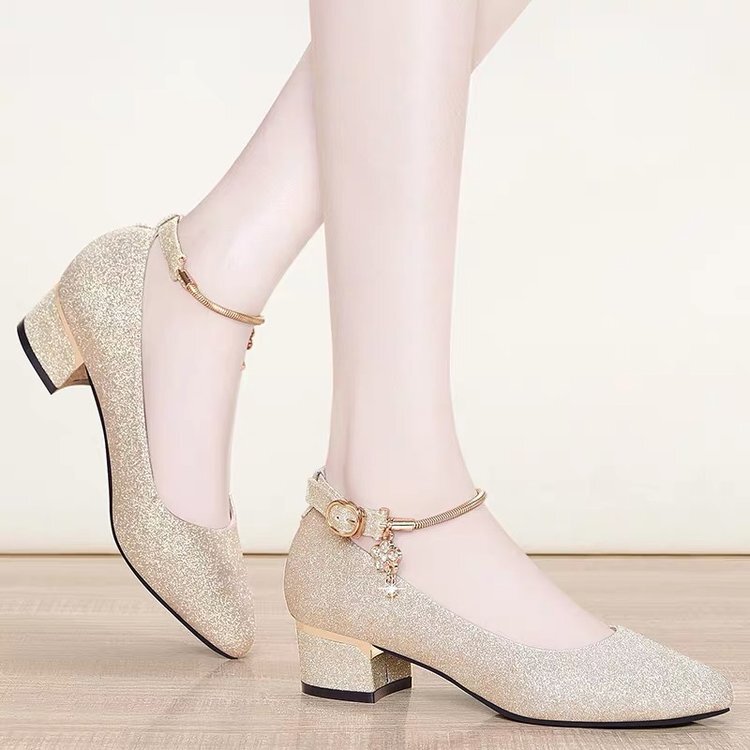 Gold and Silver High Heels for Women, Low Heel, Chunky Heel, 3cm Crystal Sequin Bridesmaid Dress, Student Annual Party Shoes