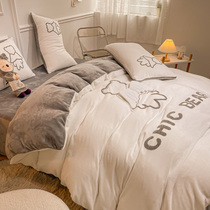 Winter milk velvet thickened high-grade towel embroidered four-piece set plus velvet winter coral velvet warm sheets bed hats quilt cover