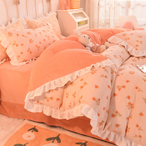 Autumn and winter thick printed bed four-piece milk velvet sheets quilt cover lace double-sided Falavia baby coral velvet