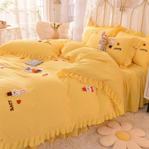 Korean cute rabbit embroidery bed four-piece cotton fairy bed skirt water wash cotton simple princess style sheet quilt cover