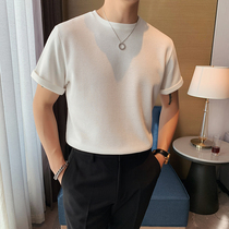 Summer waffle short-sleeved T-shirt male ice silk collar top Korean version loose and pure color half-sleeved light-cooked wind undershirt